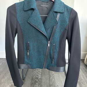 ELIE TAHARI Black and Green Blazer with Asymmetrical Zipper